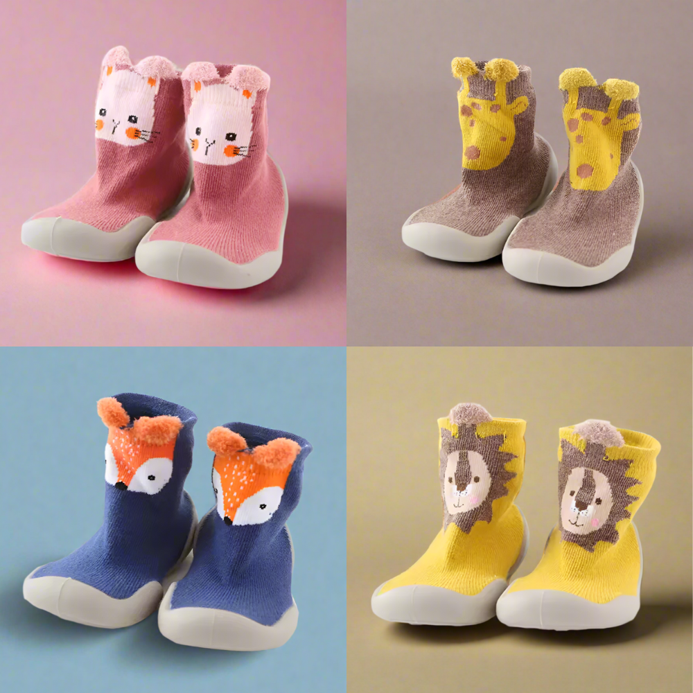 Four pairs of children's socks with animal faces on a colorful background